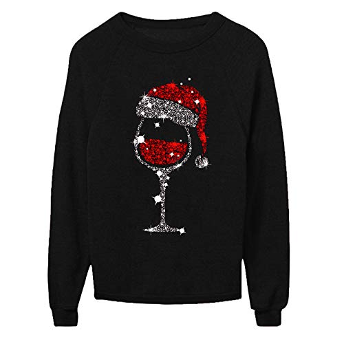 Weihnachtspullover Damen Sweatshirt Mode Weinglas Gedruckt Langarmshirt Herbst Winter Rundhals Pullover Christmas Xmas Pulli Shirt Oberteile Lose Casual Oberteile Tops2024 von Generisch