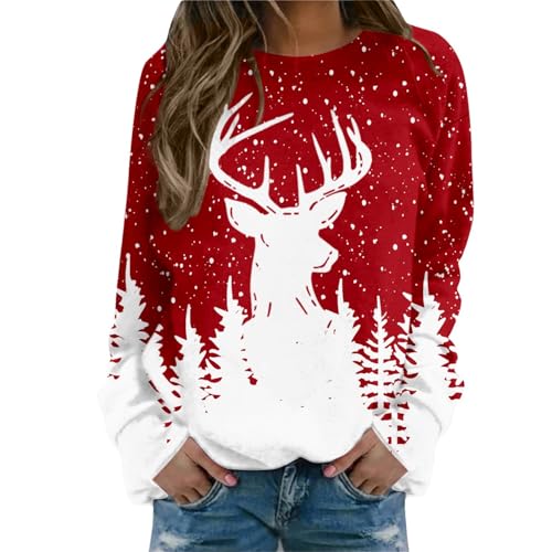 Weihnachtspullover Damen Sweatshirt Rundhals Langarm Weihnachten Pullover Casual Christmas Sweat Oberteile Merry Christmas Sweatshirt Weihnachtspulli Teenager Mädchen Pulli Tops Wool Sweater Women von Generisch