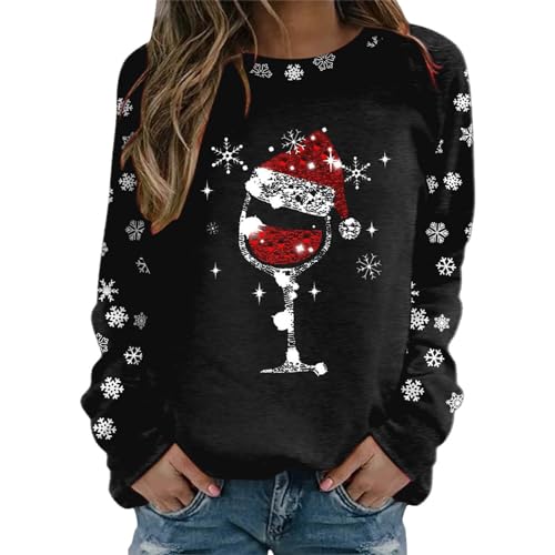 Weihnachtspullover Damen Sweatshirt Rundhals Langarm Weinglas Druck Langarmshirt Teenager Mädchen Christmas Sweatshirt Pailletten Strass Weihnachtspulli Oberteile Tops Pullover Shirt Frauen Xmas Pulli von Generisch