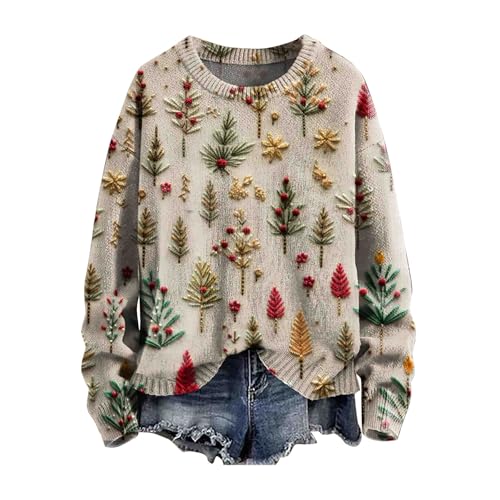 Weihnachtspullover Damen Ugly - Pulli Damen Oversize Grosse Grössen Rundhalsausschnitt Sweatshirt Pulli Weihnachtsmotive Tunika Bedruckte Sportshirt Classics Silvester Festival Strickpullover Jumper von Generisch