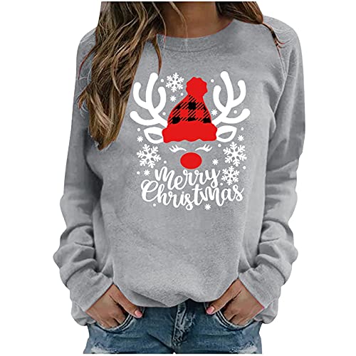 Weihnachtspullover Damen Weihnachtspulli Christmas Mit Weihnachtsmotiv Sweater Tops Xmas Rentier Elfe Sweatshirt Party Bequem Christmas Sweatshirt Bluse Pulli Shirt Langarmshirt (Z2-Grey, L) von Generisch