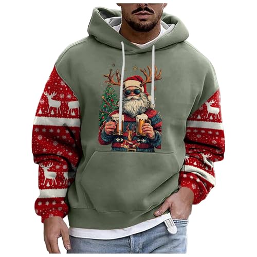 Weihnachtspullover Herren, Kapuzenpullover Herren Winter Weihnachten Bier Rentier Muster Patchwork Hoodie Sweatshirts mit Kordelzug Taschen Männer Festlich Kapuzenpulli Oversize (E-Green, XXL) von Generisch