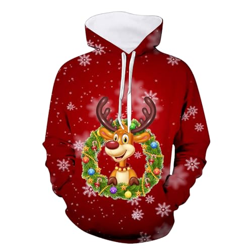 Weihnachtspullover Herren Hoodie Pullover Reindeer Schneemann 3D Druck Lustige Funky Weihnachtspulli Casual Unisex Christmas Kapuzenpullover Sweatshirt mit Tasche Weihnachtshoody von Generisch