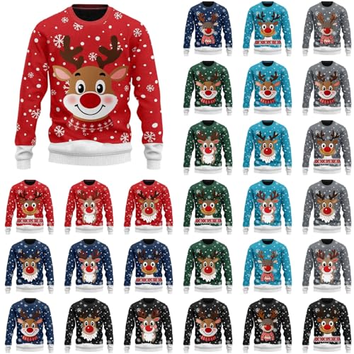Weihnachtspullover Herren Lustig Langarm Rundhals Weihnachten Pullover Schneeflocken Rentier Winter Warm Strickpullover Ugly Christmas Sweater Strickpulli Sweatshirt für Weihnachten Party von Generisch