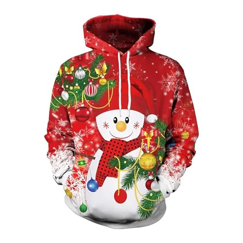 Weihnachtspullover Hoodie Herren Lustig 3D Druck Kapuzenpullover Ugly Christmas Sweatshirt Weihnachtsmotiv Pullover mit Taschen Weihnacht Pullover Weihnachtsmann Winter Xmas Pulli (#2Red, XL) von Generisch