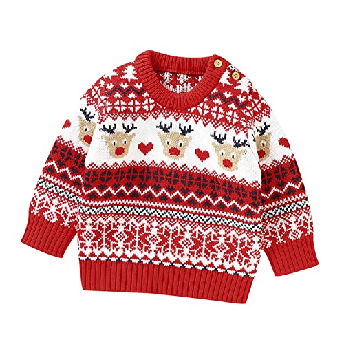 Weihnachtspullover Langarm mit Weihnachten Rentier Bestickt Weihnachtspullover Rundhalsausschnitt Kuschelpullover Warmer Sweater Gestrickt Winter Baby Christmas Outfit (Red, 9-12 Months) von Generisch