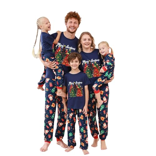 Weihnachtspyjama Familie Set Weihnachts Pyjama Partner Weihnachtsoutfit Schlafanzug Familien Outfit Weihnachten Baumwolle Weihnachtsschlafanzug Family Christmas Pyjamas Damen Herren Kinder Blau L von Generisch