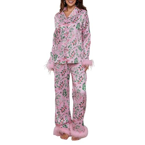 Weihnachtspyjama-Set für Damen, Weihnachtsmann-Druck, Satin, langärmelig, Hemden, Hose, Federbesatz, Weihnachts-Loungewear, Dessous, Übergröße, seidig, rose, M Weihnachtspyjama-Set für Damen, Weihnachtsmann-Druck, Satin, langärmelig, Hemden, Hose, Federbesatz, Weihnachts-Loungewear, Dessous, Übergröße, seidig, rose, M von Generisch