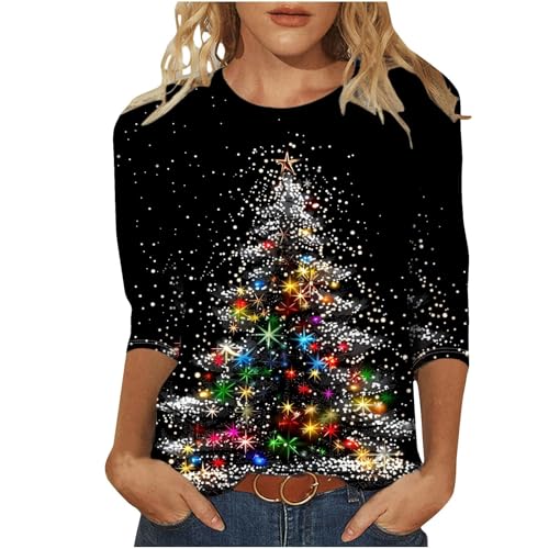 Weihnachtsshirt Damen 3/4 ÄRmel Lustig Weihnachtsbluse Glitzer Weihnachts Bluse Rundhals Weihnachtsbluse T Shirt Casual Oversized Festival Oberteile Weihnachtsbekleidung von Generisch
