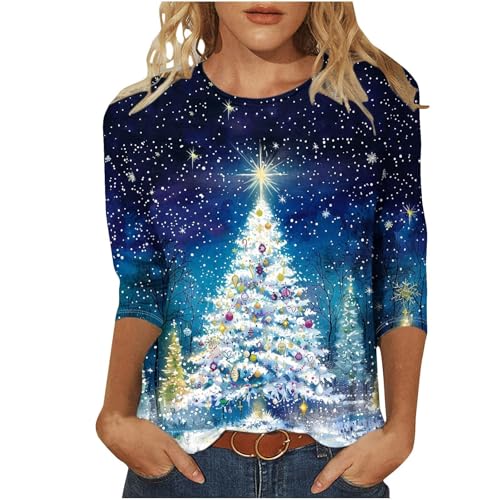 Weihnachtsshirt Damen 3/4 ÄRmel Lustig Weihnachtsbluse Glitzer Weihnachts Bluse Rundhals Weihnachtsbluse T Shirt Casual Oversized Festival Oberteile Weihnachtsbekleidung von Generisch