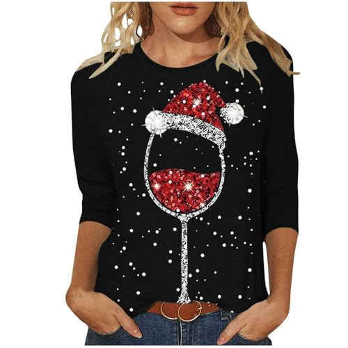 Weihnachtsshirt Damen 3/4 ÄRmel Lustig Weihnachtsbluse Glitzer Weihnachts Bluse Rundhals Weihnachtsbluse T Shirt Casual Oversized Festival Oberteile Weihnachtsbekleidung von Generisch