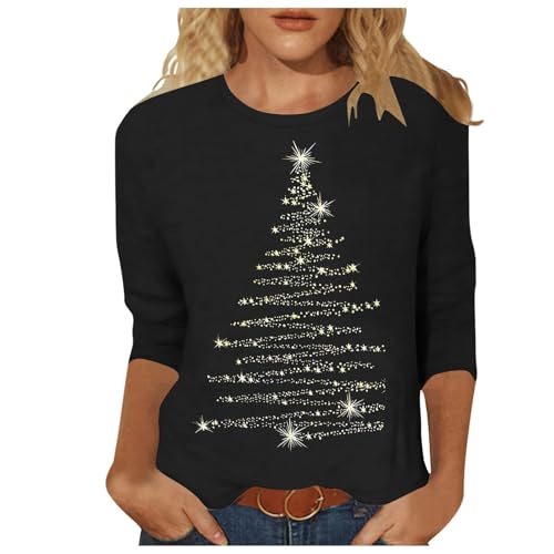 Weihnachtsshirt Damen 3/4 ÄRmel Lustig Weihnachtsbluse Glitzer Weihnachts Bluse Rundhals Weihnachtsbluse T Shirt Casual Oversized Festival Oberteile Weihnachtsbekleidung von Generisch