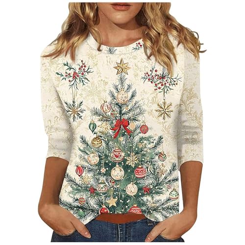 Weihnachtsshirt Damen 3/4 ÄRmel Lustig Weihnachtsbluse Glitzer Weihnachts Bluse Rundhals Weihnachtsbluse T Shirt Casual Oversized Festival Oberteile Weihnachtsbekleidung von Generisch