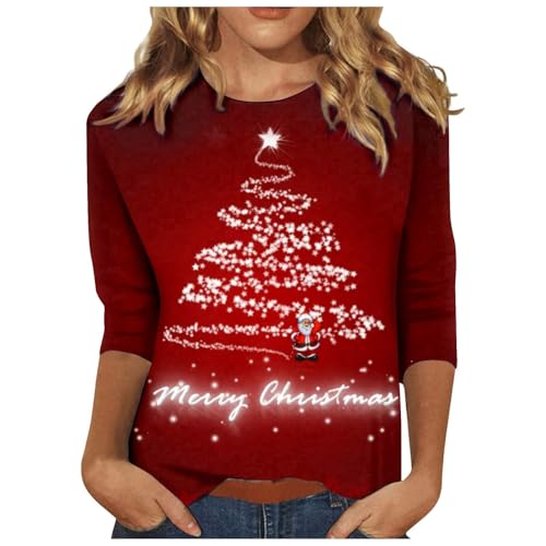 Weihnachtsshirt Damen 3/4 ÄRmel Lustig Weihnachtsbluse Glitzer Weihnachts Bluse Rundhals Weihnachtsbluse T Shirt Casual Oversized Festival Oberteile Weihnachtsbekleidung von Generisch
