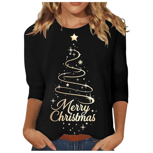 Weihnachtsshirt Damen V Ausschnitt Weihnachtsoutfit Langarm Tshirt Frauen Weihnachtskleidung Lustig Weihnachts Shirt Weihnachten 3/4 Ärmel Knöpfen Hemde Slim Bluse Elegant Weihnachtspullover von Generisch