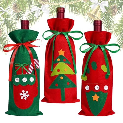 Weinflaschentasche Weihnachten Filz Weinflaschenbeutel Weinflaschenhülle für Weihnachten mit Kordelzug für Weinflaschen, Pralinen, Süßigkeiten, Kekse, 3 Stück, Refer to description, Unisex von Generisch