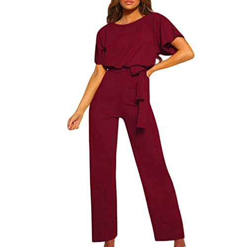 Weiß Jumpsuit Damen Elegant Sommer Overall Kurzarm Weites Bein Romper Zweiteiler Casual Rundhals Hosenanzug Hohe Taille mit Taschen Flatterärmel Plissee Bodysuit Festlich Playsuit Business Outfit Set von Generisch