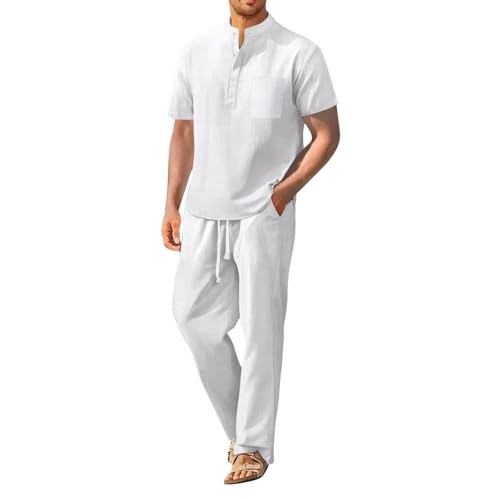 Weiß Leinen Outfits Herren Sommer Leicht Sportanzug Lässiges Sakko Einfarbig Jogginganzug Baumwolle Leinen Tracksuit Casual 2 Teiliges Sommerhemd und Lang Hosen Freizeitanzug Zweiteiler Workout Set von Generisch