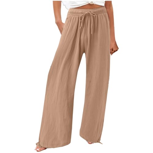 Weiß Leinenhose Damen Große Größen Weites Leicht Sommer Hose Leinen Elastischem Bund Verstellbar Kordelzug Freizeithose Elegante Hohe Taille Lose Sommerhose Strandhose mit Taschen Beige xs s l von Generisch