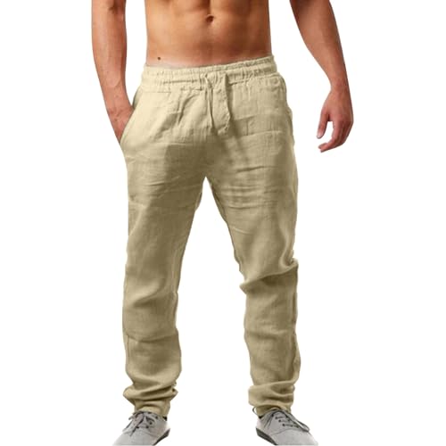 Weiss Leinenhose Herren Leichte Sommerhose Lang Slim Fit Freizeithose mit Kordelzug Baumwolle Leinen Strandhosen Elastischer Bund Stoffhose Männer Bequeme Hose für Yoga Urlaub Strand Alltag Hochzeit von Generisch