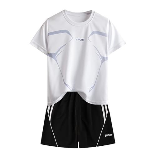 Weiß Sportbekleidung Kinder Jungen 140 Set 2 Teiler Schnelltrockend Trainingsanzug Sommer Outfits Zweiteiler Kurze Hose Und T-Shirt Sport Set Sportanzug 2 Piece Jogging Kinderkleidung von Generisch