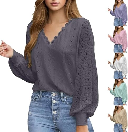 Weiße Bluse Damen, Spitzenbluse Damen Spitze V Ausschnitt Bluse - Langarm Elegant Spitzenärmel Blusen Puffärmeln Oberteil Blusenshirt Sexy Damenblusen Baumwolle Gebänderte Manschetten Trachtenbluse von Generisch