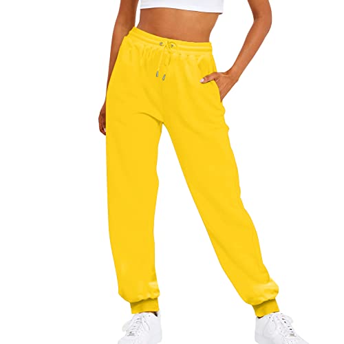 Weiße Hose Damen 46 Damen einfarbig Kordelzug elastische Taille lässige lockere Fußfleece-Jogginghose Outfits Damen Hose Pulli (Yellow, L) von Generisch