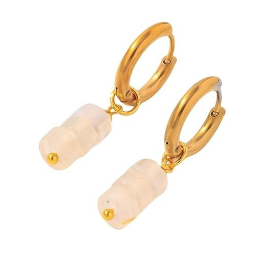 Weiße Kristallperlen, Baumelnde Tropfenohrringe für Frauen, Handgefertigte Flache Edelsteinperlen, Baumelnde Huggie Creolen, Retro Boho Sommer Strandschmuck von Generisch