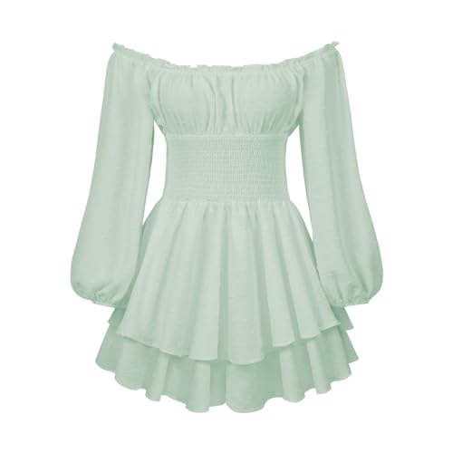Weißes Kleid Damen Piratenkostüm Damen Off Shoulder Strampler Kleid Einfarbige Langarm Rüschen Jumpsuit Shorts Elegant Chiffon Minikleid Kurz Boho Overalls Sommer Caual Playsuit Karneval Kostüm von Generisch