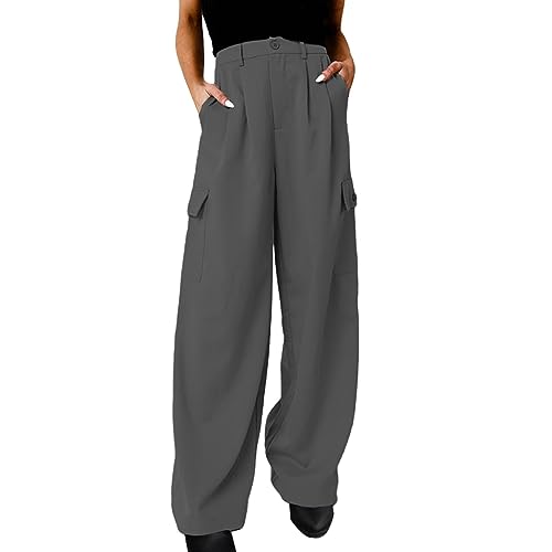 Weite Damen Businesshose mit Tasche Lässig Einfarbig Damen Hose mit weitem Bein Elastische Taille Lockere Hose Damen Knopf Gerade Lange Hose(Grau, L) von Generisch