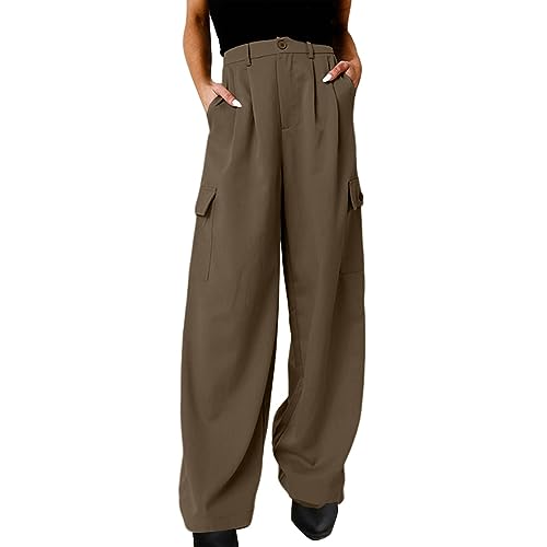 Weite Damen Businesshose mit Tasche Lässig Einfarbig Damen Hose mit weitem Bein Elastische Taille Lockere Hose Damen Knopf Gerade Lange Hose(Kaffee, M) von Generisch