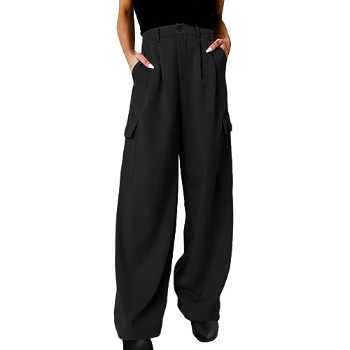 Weite Damen Businesshose mit Tasche Lässig Einfarbig Damen Hose mit weitem Bein Elastische Taille Lockere Hose Damen Knopf Gerade Lange Hose(Schwarz, L) von Generisch