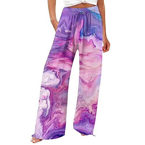 Weite Hosen Damen Sommer,Hosenbund Enger Machen Hosen Für Damen Flowy Sommer Hohe Taille Weites Bein Print Hose Casual Hosen Stoffhose Damen Sommer Sommerhose 3/4 Musselin Knielange (Violett,S) von Generisch