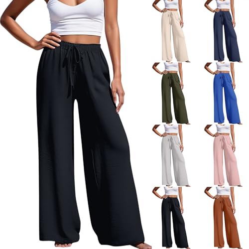 Weite Hosen Damen Sommer Leichte Loose Sommerhose Gummibund High Waist Kordelzug Stoffhose Casual Straight Leg Einfarbig Yogahose Schlupfhose Jogginghose Stretch Hose Mit Taschen, S-3XL von Generisch