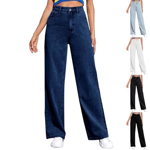 Weite Jeans Damen Dunkelblau High Waist Gerades Bein Baggy Jeanshose Straight Leg Hosen Stretch Sommerjeans Leicht Locker Hose Denim Monatsabrechnung Anzeigen von Generisch