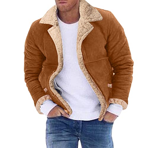 Wellstein Winterjacke Herren Herren Plus Size Wintermantel Reverskragen Langarm Gepolsterte Lederjacke Verdicken Mantel Schaffell Reißverschlussjacke Daunen Frühling Herren (Khaki, XXL) von Generisch
