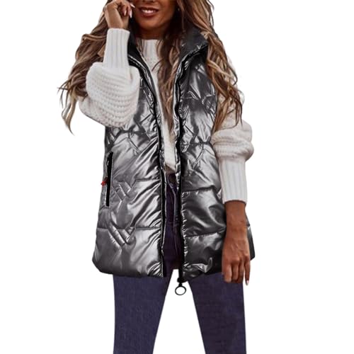 Weste Damen Glänzende Oberfläche Lang Steppweste Winterjacke Warm Daunenweste Ärmellose Damen-Westen Pufferjacke Steppjacke Softshell Weste Wintermantel Übergangsweste Daunenmantel Softshelljacke von Generisch