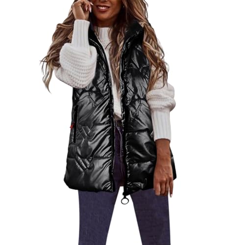 Weste Damen Glänzende Oberfläche Lang Steppweste Winterjacke Warm Daunenweste Ärmellose Damen-Westen Pufferjacke Steppjacke Softshell Weste Wintermantel Übergangsweste Daunenmantel Softshelljacke von Generisch