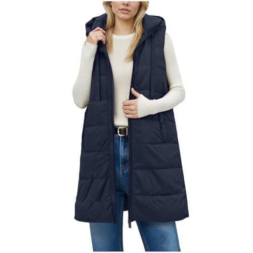 Weste Damen Lang Steppweste Warm Stehkragen Daunenweste mit Kapuze Leicht Ärmellose Winterweste mit Taschen Elegant Einfarbig Winterjacke Casual Reißverschluss Longweste Herbst Winter Übergangsweste von Generisch
