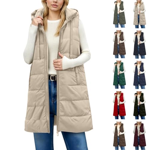 Weste Damen Lang Steppweste Warm Stehkragen Daunenweste mit Kapuze Leicht Ärmellose Winterweste mit Taschen Elegant Einfarbig Winterjacke Casual Reißverschluss Longweste Herbst Winter Übergangsweste von Generisch