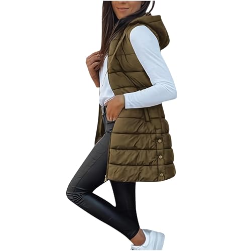 Weste Damen Lang Steppweste Warm Stehkragen Daunenweste mit Kapuze Leicht Ärmellose Winterweste mit Taschen Elegant Einfarbig Winterjacke Casual Reißverschluss Longweste Herbst Winter Übergangsweste von Generisch