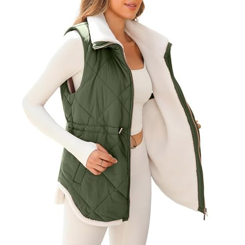 Weste Damen Lang Winter Revers Fleeceweste Einfarbig Fleece Steppweste Warm Gefüttert Longweste Outdoor Winterweste Ärmellose Winterjacke Damen-Westen Plüschweste mit Kordelzug und Taschen von Generisch