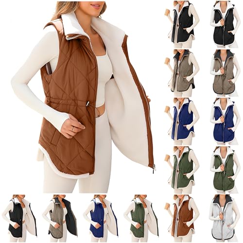 Weste Damen Lang Winter Revers Fleeceweste Einfarbig Fleece Steppweste Warm Gefüttert Longweste Outdoor Winterweste Ärmellose Winterjacke Damen-Westen Plüschweste mit Kordelzug und Taschen von Generisch