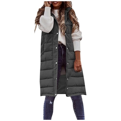 Weste Damen Lang mit Kapuze Ärmellose Steppweste Winter Daunenweste Übergangsweste Leichte Warm Winterjacke Longweste Reißverschluss Große Größen Casual Outdoor Winterweste Daunenmantel mit Taschen von Generisch