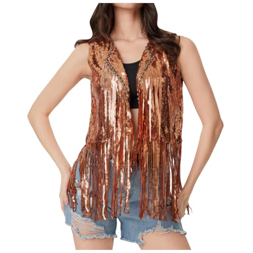 Weste Damen Pailletten mit Quaste Ärmellose Jacke Fransen Y2k Hippie Kostüm Mantel Outfit Fransenweste Kurze Fransenjacken Oberteile Lässige Weste Oberbekleidung Glitzer Cardigan Karneval Kostüm von Generisch