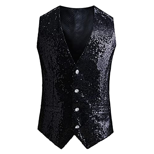 Weste Herren Pailletten 70er Ärmellos Glitzer Mantel Disco Karneval und Mottoparty Kostüm Rave Outfit Paillettenweste Glänzend V Ausschnitt Gilet Anzugweste für Hochzeit und Party Tanzkostüm von Generisch