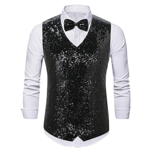 Weste Herren Paillettenweste Modisch Glitzer Anzugweste Wird Mit Fliege Geliefert Bunte Reflektierende Weste Mesh-Pailletten Weste Discokugel-Kostüm Für Partys, Konzerte, Tänze von Generisch