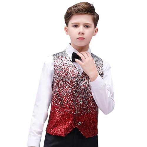 Weste Jungen Paillettenweste - Glitzer Anzugweste Pailletten Weste Jacke Kinder Festlich Smoking Glänzend Anzug Weste Disco Partys Konzerte Tänze Outfit Jazz Hip Hop Hochzeit Tanz Performance Kostüm von Generisch