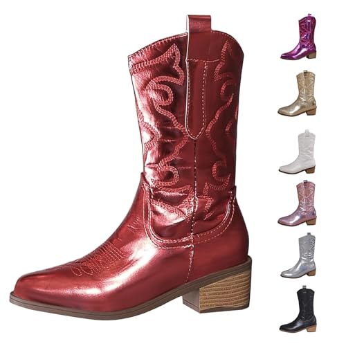 Western Boots Damen Western Boots Damen Wide Fit Cowboystiefel FüR Leder SchöNe Bestickte NäHte Westernstiefel Klassisch VintageüBergrößE Niedriger Cowboy Stiefeletten Leder von Generisch