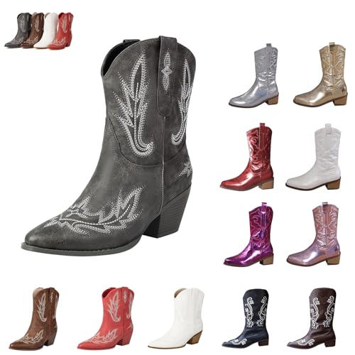 Western Boots Damen Western Boots Damen Wide Fit Cowboystiefel FüR Leder SchöNe Bestickte NäHte Westernstiefel Klassisch VintageüBergrößE Niedriger Stiefeletten Leder von Generisch
